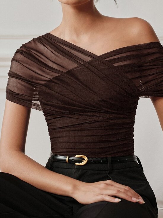 Tops - Coffee Brown Elegant Women's Asymmetrical Off-Shoulder Bodysuit
